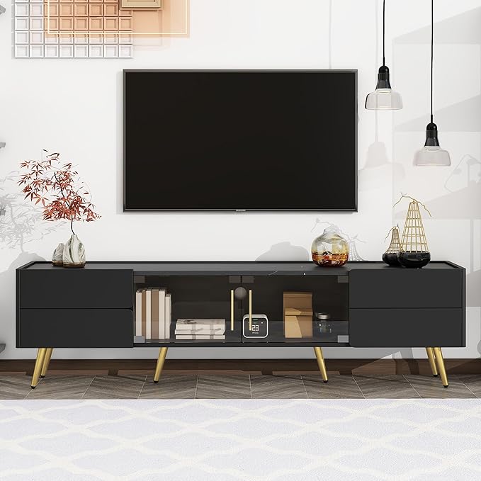 Merax Modern TV Stand for Televisions up to 80 Inches, Entertainment Center with Storage Drawers and Glass Door Cabinet, Marble-patterned Top Media Console Table & Metal Legs for Living Room, Black - LeafyLoom