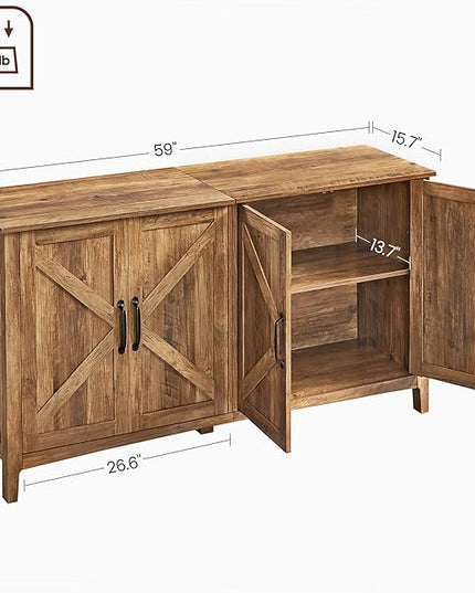 VASAGLE Buffet Storage Cabinet, 15.7" D x 59" W x 31.5" H Credenza Sideboard Table, Kitchen Cupboard with Adjustable Shelves for Living Room, Dining Room, Entryway, Rustic Walnut ULSC381T41 - LeafyLoom