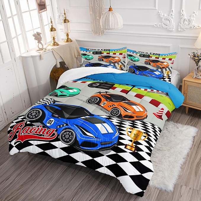 Axolotl Racing Car Bedding Set Full,Cool Speed Race Car Down Comforter for Kids Boys Girls Teens,Racing Car Comforter Set Car Theme with Three Cars Arrive at Finish,1 Comforter and 2 Pillowcases - LeafyLoom