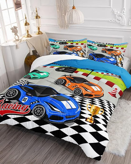 Axolotl Racing Car Bedding Set Twin,Cool Speed Race Car Down Comforter for Kids Boys Girls Teens,Racing Car Comforter Set Car Theme with Three Cars Arrive at Finish,1 Comforter and 2 Pillowcases - LeafyLoom