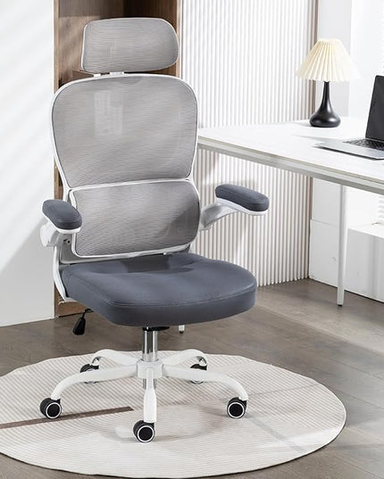 Home Office Chair High Back Computer Desk Chair Ergonomic Task Chair Executive Chair with Lumbar Support Recliner Chair with Adjustable Headrest,Flip-up Armrests (White/Gray with Meatl Base) - LeafyLoom