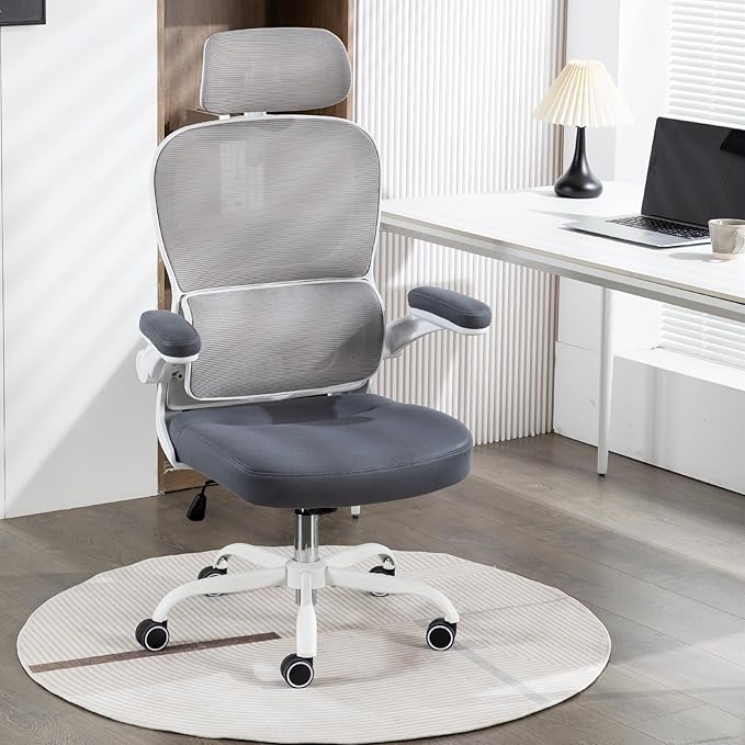 Home Office Chair High Back Computer Desk Chair Ergonomic Task Chair Executive Chair with Lumbar Support Recliner Chair with Adjustable Headrest,Flip-up Armrests (White/Gray with Meatl Base) - LeafyLoom