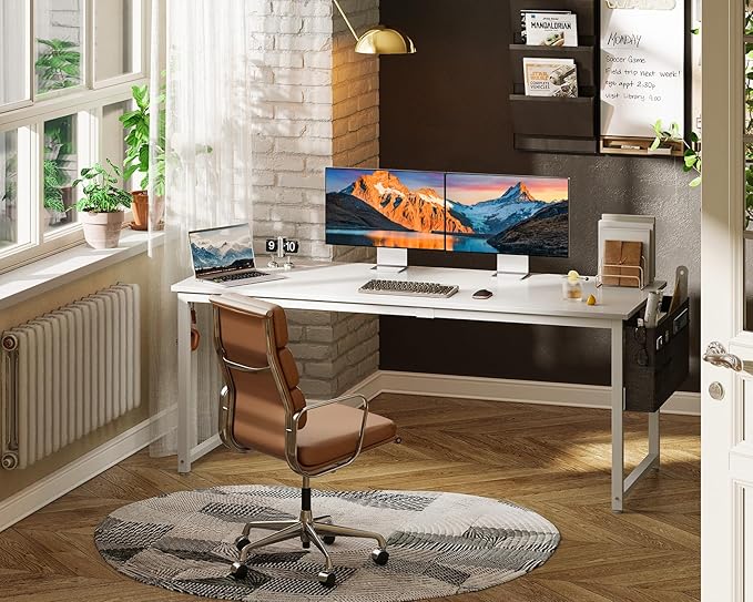ODK Computer Desk Large Office Desk, 63 Inch Gaming Desk with Storage, Modern PC Desk Work Table with Headphone Hook for Home Office, Spliced Tabletop, White + White Leg - LeafyLoom
