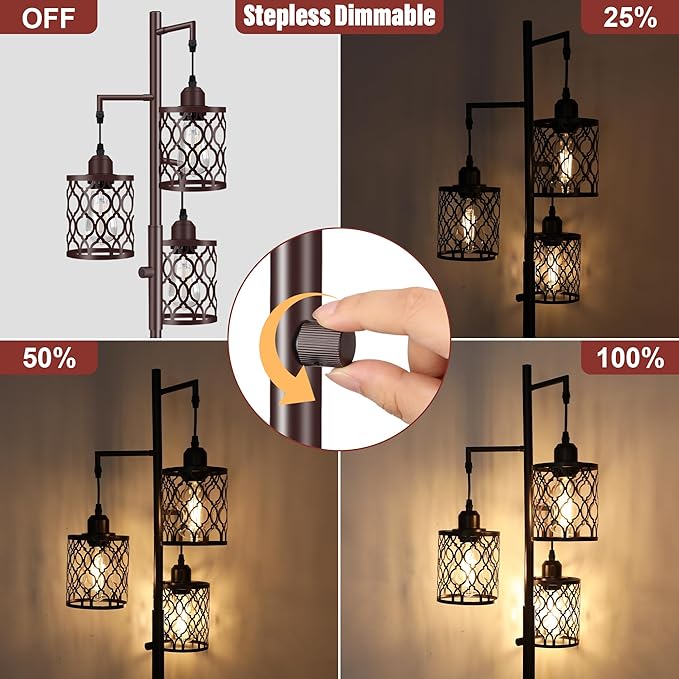 68" Farmhouse floor lamp, Dimmable Industrial Floor Lamps for Living Room, 3 Light Rustic Standing Tall Lamp Including 3 PCS 6W E26 Bulbs, Tree Floor Lamp for Bedrooms Room, Office, Bar, Brown - LeafyLoom