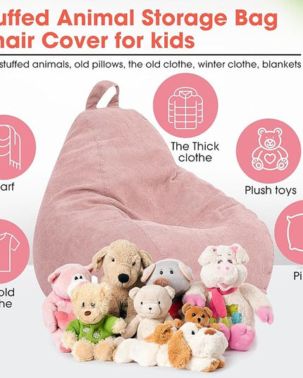 2 Pcs 100L Stuffed Animal Storage Bean Bag Chair Cover (No Filler) for Kids Soft Corduroy Stuffable Bean Bag Zipper for Organizing Children Plush Toys(Pink) - LeafyLoom