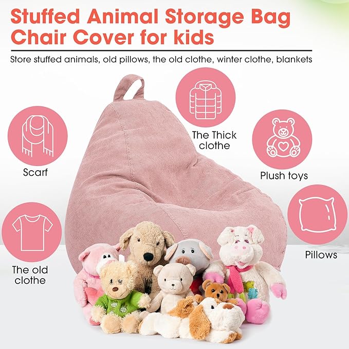 2 Pcs 100L Stuffed Animal Storage Bean Bag Chair Cover (No Filler) for Kids Soft Corduroy Stuffable Bean Bag Zipper for Organizing Children Plush Toys(Pink) - LeafyLoom