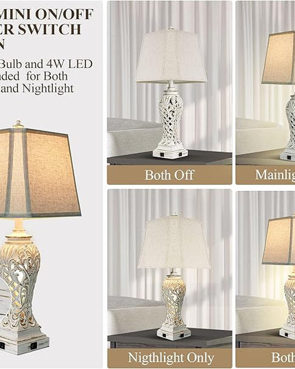 Set of 2 Table Lamps for Bedroom Living Room, Bedside Lamp with Fabric Shades, 29'' Tall Coastal Nautical Lamp with USB and Nightlight - LeafyLoom