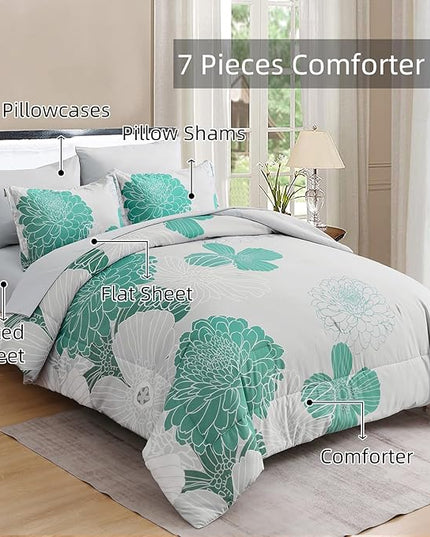 Yiran Grey Aqua Floral Queen Comforter Set Bed in a Bag Soft Microfiber Comforter Bedding Set 90"×90",7 Pieces (1 Comforter,2 Pillowcases,2 Pillow Shams,1 Flat Sheet,1 Fitted Sheet) - LeafyLoom