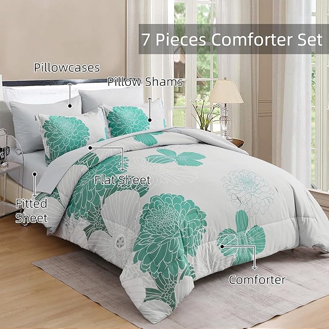 Yiran Grey Aqua Floral Queen Comforter Set Bed in a Bag Soft Microfiber Comforter Bedding Set 90"×90",7 Pieces (1 Comforter,2 Pillowcases,2 Pillow Shams,1 Flat Sheet,1 Fitted Sheet) - LeafyLoom