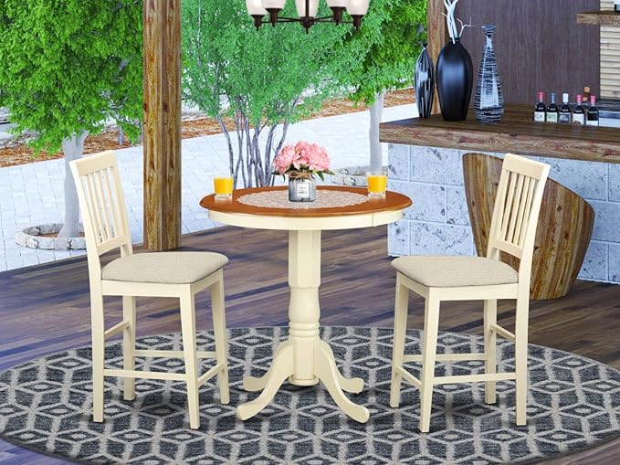 East West Furniture Eden 3 Piece Kitchen Counter Height Set Contains a Round Dining Room Table with Pedestal and 2 Linen Fabric Upholstered Chairs, 30x30 Inch, Buttermilk & Cherry - LeafyLoom