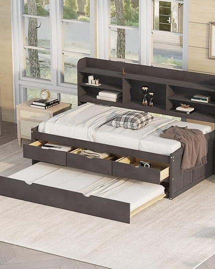Twin Size Captain Bed with 3 Storage Drawers and Trundle, Wood Twin Bed Frame with Built-in Bookshelves for Kids Teens Adults, Antique Gray - LeafyLoom