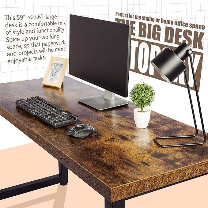 TOPSKY 59" Big Large Computer Office Desk 1.88" Thickness Desktop (Rustic Brown) - LeafyLoom