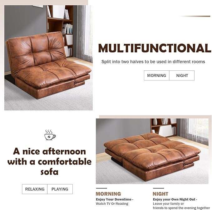 Futon Sofa Bed, Memory Foam Futon Sleeper Sofa Loveseat Convertible Couch Bed for Small Compact Living Spaces,Apartment,Brown Leather - LeafyLoom