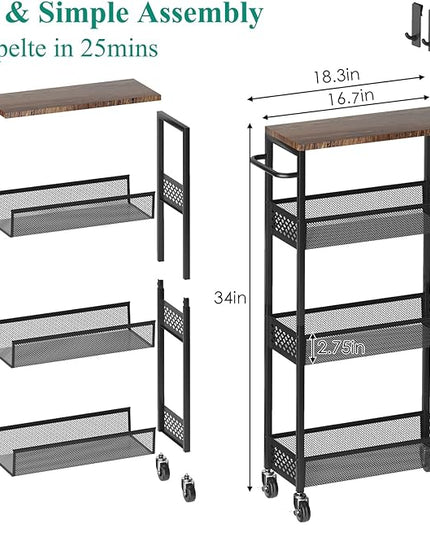 Slim Storage Cart 4 Tier Narrow Kitchen Rolling Cart on Wheels for Small Space, Mobile Utility Cart Shelving Unit with Wooden Top and Metal Handle for Kitchen, Bathroom, Laundry Room - LeafyLoom