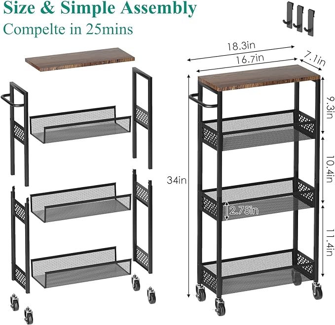 Slim Storage Cart 4 Tier Narrow Kitchen Rolling Cart on Wheels for Small Space, Mobile Utility Cart Shelving Unit with Wooden Top and Metal Handle for Kitchen, Bathroom, Laundry Room - LeafyLoom