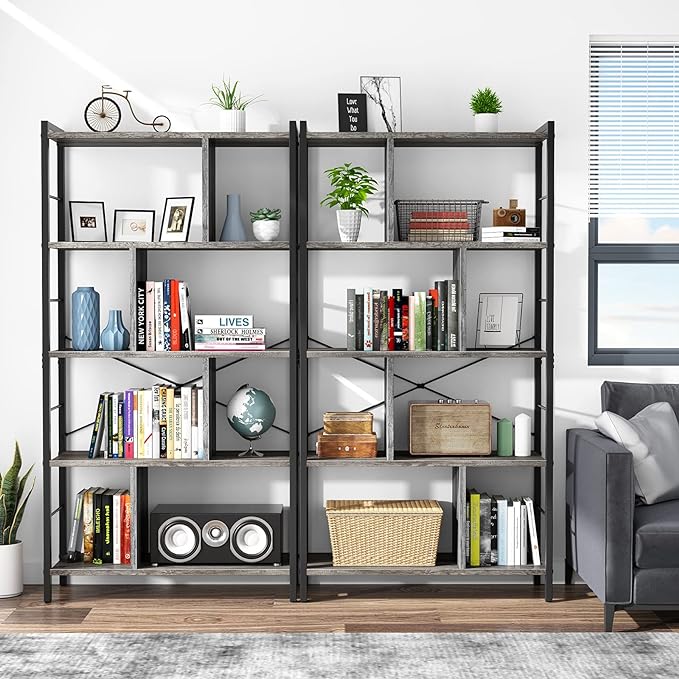 armocity Bookshelf, 5 Tier Tall Modern Bookcase Wood Metal Frame Standing Book Shelf, Display Bookshelves Storage Organizer for Bedroom Living Room Home Office, Grey - LeafyLoom