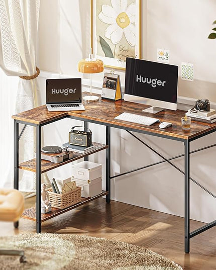 L Shaped Computer Desk with Reversible Storage Shelves, Gaming Corner Desk for Home Office, Writing Study Desk with Metal Frame, Rustic Brown - LeafyLoom