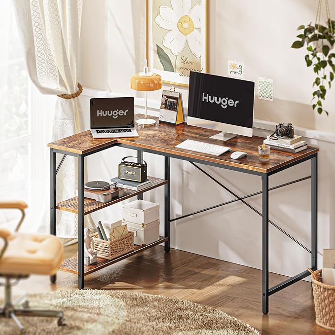 L Shaped Computer Desk with Reversible Storage Shelves, Gaming Corner Desk for Home Office, Writing Study Desk with Metal Frame, Rustic Brown - LeafyLoom