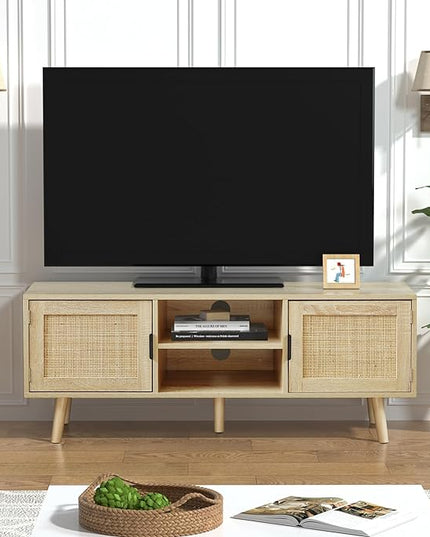 Anmytek Farmhouse Rattan TV Stand Modern Wood Media Entertainment Center Console Table for TVs up to 55 Inches with 2 Doors and 2 Open Shelves, Natural Oak, H0015 - LeafyLoom