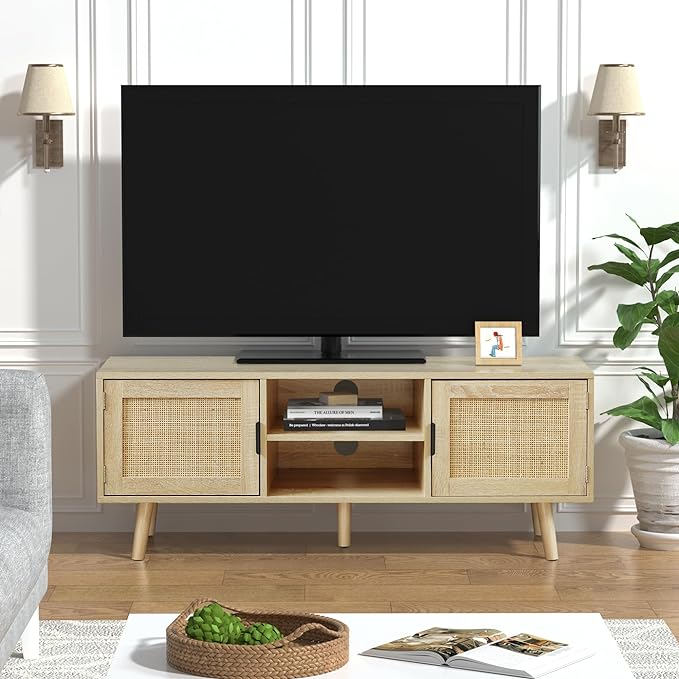 Anmytek Farmhouse Rattan TV Stand Modern Wood Media Entertainment Center Console Table for TVs up to 55 Inches with 2 Doors and 2 Open Shelves, Natural Oak, H0015 - LeafyLoom