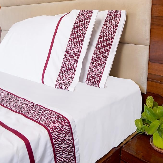 1000 Thread Count Egyptian Cotton Sheets California King Size 4 Piece Sheet Set - All Around Elastic 18" Deep Fitted Sheet, Extra Soft & Best Bed Sheets - Burgundy Embroidered White Sheets - LeafyLoom