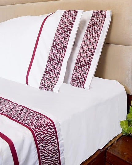 100% Egyptian Cotton Sheets King Size Sheets Set, Luxury Deep Pocket King Sheets, 1000 Thread Soft & Ultra Smooth, 4 Pc Bedding Sheets & Pillowcases, Cool Durable - Burgundy Embroidered White Sheets - LeafyLoom
