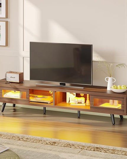 Bestier Mid Century Modern TV Stand for 75 inch TV, LED Entertainment Center with Storage and Sliding Doors, Low Profile TV Consoles for Living Room, Ancona Walnut - LeafyLoom