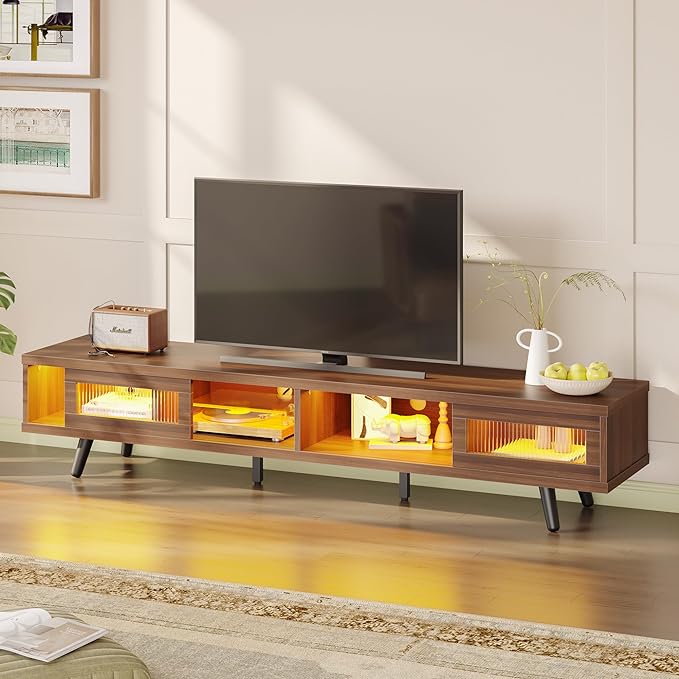 Bestier Mid Century Modern TV Stand for 75 inch TV, LED Entertainment Center with Storage and Sliding Doors, Low Profile TV Consoles for Living Room, Ancona Walnut - LeafyLoom