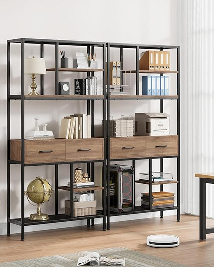 Book Shelf, Tall Bookcase with Storage, 6-Tier Industrial Bookshelf with 2 Wooden Drawers for Home Office and Living Room, Brown - LeafyLoom