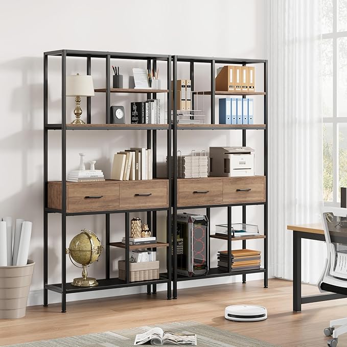 Book Shelf, Tall Bookcase with Storage, 6-Tier Industrial Bookshelf with 2 Wooden Drawers for Home Office and Living Room, Brown - LeafyLoom