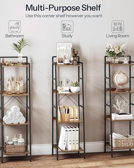 HOOBRO Bookcase, 4-Tier Narrow Bookshelf, Industrial Ladder Shelf, Skinny Bookshelf for Small Spaces, Corner Storage Shelf for Home Office, Living Room, Rustic Brown and Black BF34SJ01 - LeafyLoom
