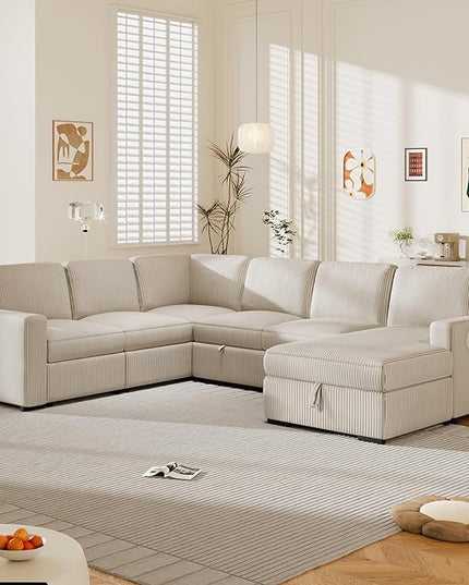 6 Seater U Shaped Oversized Reversible Sleeper Sectional Sofa Pull Out Couch Bed with Right Hand Facing Chaise and USB Ports , Corduroy Upholstered Convertible Corner Sofabed Sofacama for Living Room - LeafyLoom