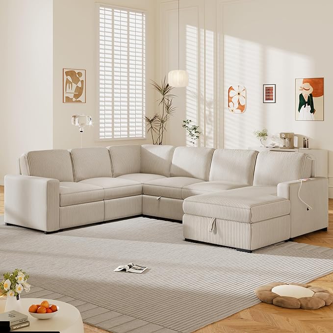 6 Seater U Shaped Oversized Reversible Sleeper Sectional Sofa Pull Out Couch Bed with Right Hand Facing Chaise and USB Ports , Corduroy Upholstered Convertible Corner Sofabed Sofacama for Living Room - LeafyLoom