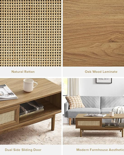 mopio Haylee Coffee Table, Modern Boho Farmhouse Small Coffee Table with Storage, Natural Rattan Living Room Tables, Center Table (Rattan (Oak) - LeafyLoom