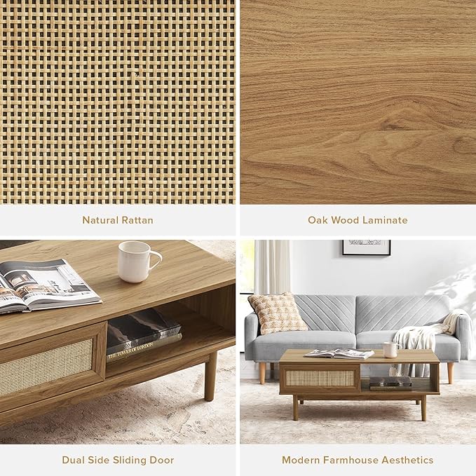 mopio Haylee Coffee Table, Modern Boho Farmhouse Small Coffee Table with Storage, Natural Rattan Living Room Tables, Center Table (Rattan (Oak) - LeafyLoom