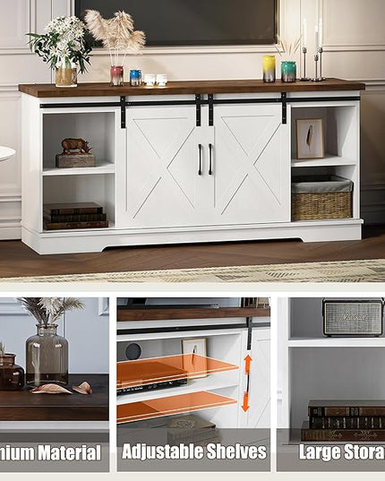 TV Stand for 65 Inch TV, Farmhouse Entertainment Center TV Media Console Table, Tall TV Stand with Storage, Barn Doors and Shelves, White Modern TV Console Cabinet Furniture for Living Room - LeafyLoom
