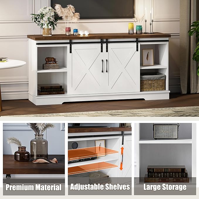 TV Stand for 65 Inch TV, Farmhouse Entertainment Center TV Media Console Table, Tall TV Stand with Storage, Barn Doors and Shelves, White Modern TV Console Cabinet Furniture for Living Room - LeafyLoom