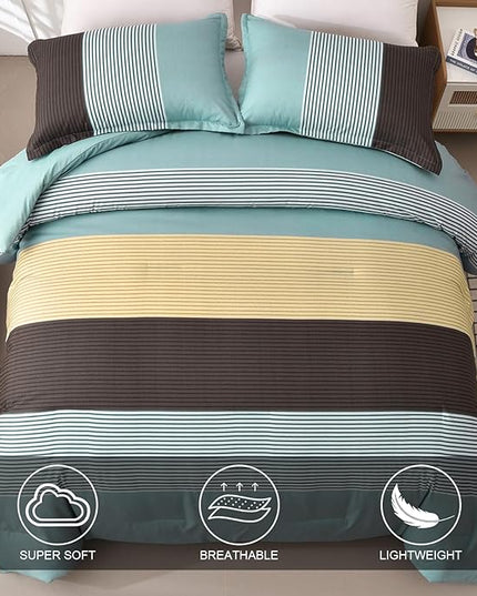 WONGS BEDDING Comforter Set King, Reversible Dusty Blue Striped Patchwork Down Alternative Comforter for King Bed, 3 Pieces (1 Comforter+2 Pillowcases), Soft Microfiber Bedding Set 104"×90" - LeafyLoom