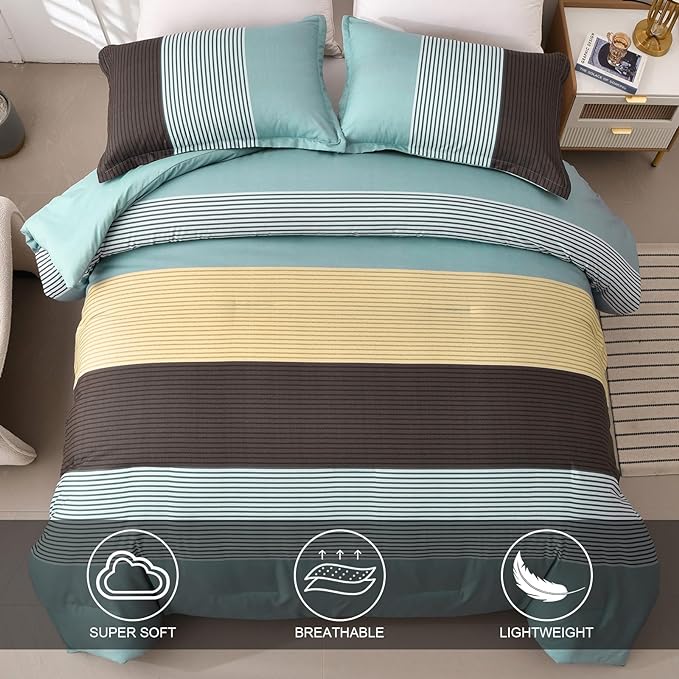 WONGS BEDDING Comforter Set King, Reversible Dusty Blue Striped Patchwork Down Alternative Comforter for King Bed, 3 Pieces (1 Comforter+2 Pillowcases), Soft Microfiber Bedding Set 104"×90" - LeafyLoom