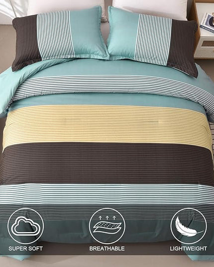 WONGS BEDDING Comforter Set Queen, Reversible Dusty Blue Striped Patchwork Down Alternative Comforter for Queen Bed, 3 Pieces (1 Comforter+2 Pillowcases), Soft Microfiber Bedding Set 90"×90" - LeafyLoom