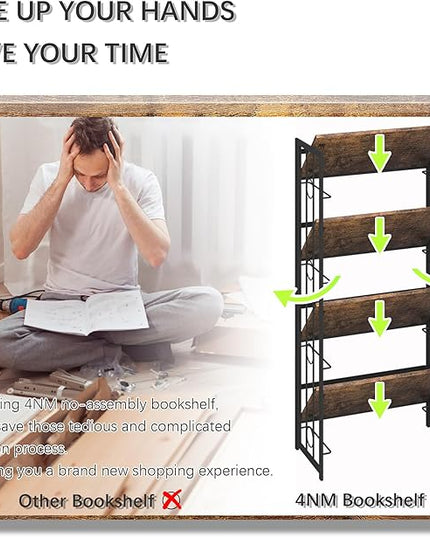 4NM No-Assembly 4 Tiers Folding Bookshelf Storage Shelves Vintage Bookcase Standing Racks Study Organizer Home Office - Rustic Brown and Black - LeafyLoom