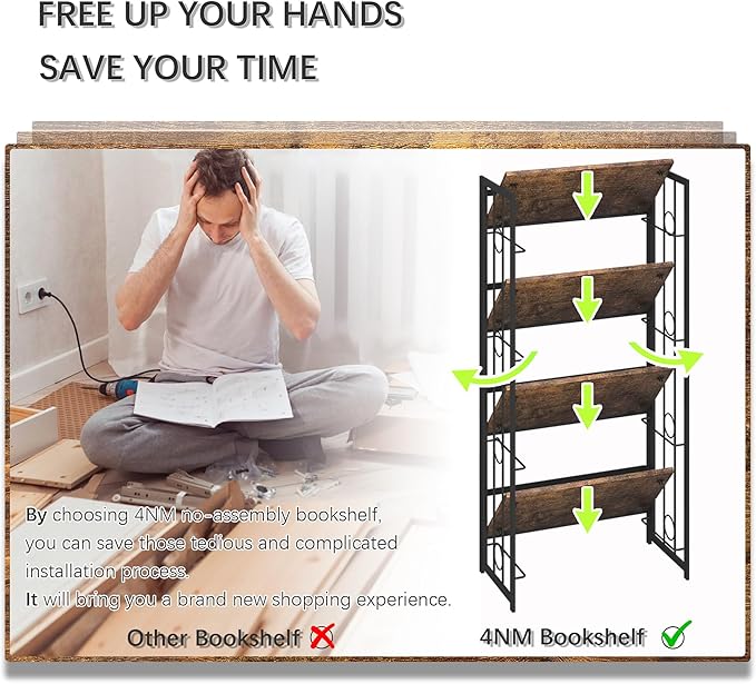 4NM No-Assembly 4 Tiers Folding Bookshelf Storage Shelves Vintage Bookcase Standing Racks Study Organizer Home Office - Rustic Brown and Black - LeafyLoom