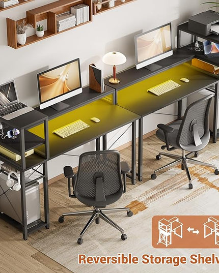 Gaming Desk with Storage, 47'' LED Light Desk, Home Office Computer Desk, Reversible Shelves & Power Outlets, Black - LeafyLoom