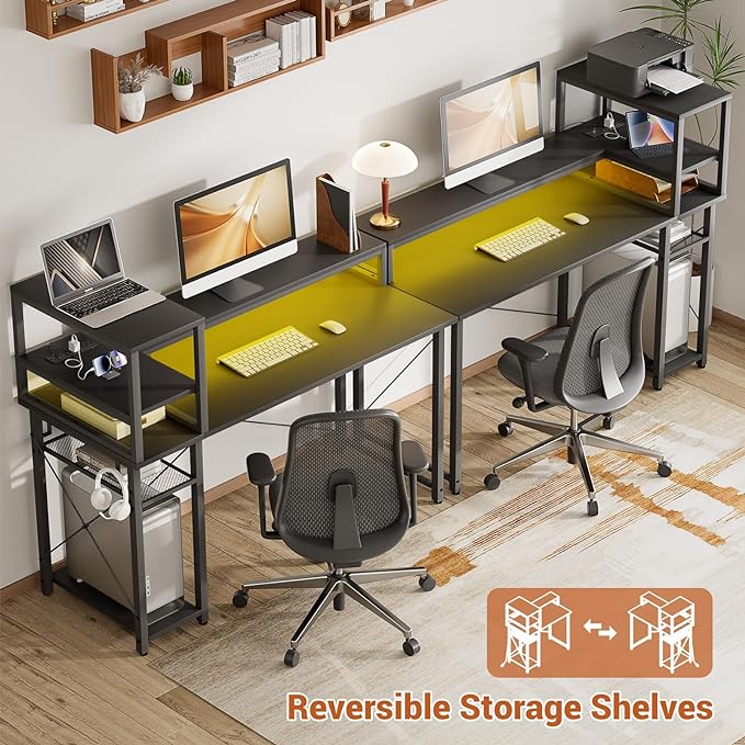 Gaming Desk with Storage, 47'' LED Light Desk, Home Office Computer Desk, Reversible Shelves & Power Outlets, Black - LeafyLoom