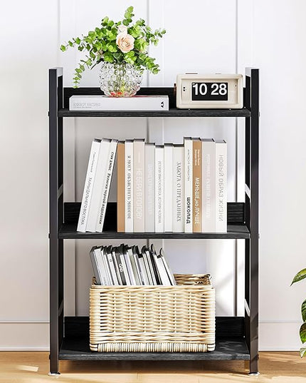 3 Tier Small Black Bookshelf, 120 lbs Weight Capacity, Small Black Bookcase for Small Spaces, Small Space Bookcase for Bedroom, Living Room, Home Office - LeafyLoom