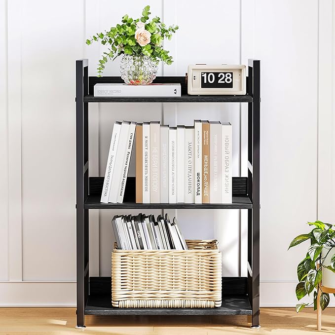 3 Tier Small Black Bookshelf, 120 lbs Weight Capacity, Small Black Bookcase for Small Spaces, Small Space Bookcase for Bedroom, Living Room, Home Office - LeafyLoom
