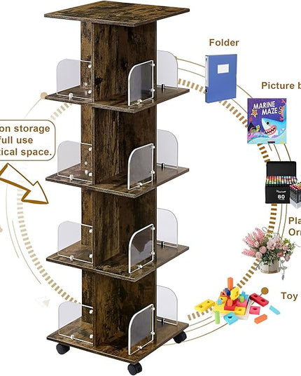 VECELO 4-Tier Rolling Bookshelf, Mobile Book Rack with Acrylic Windows, Storage Organizer Holder with Wheels for Bedroom, Living Room Home and Office, Space Saving, Brown - LeafyLoom