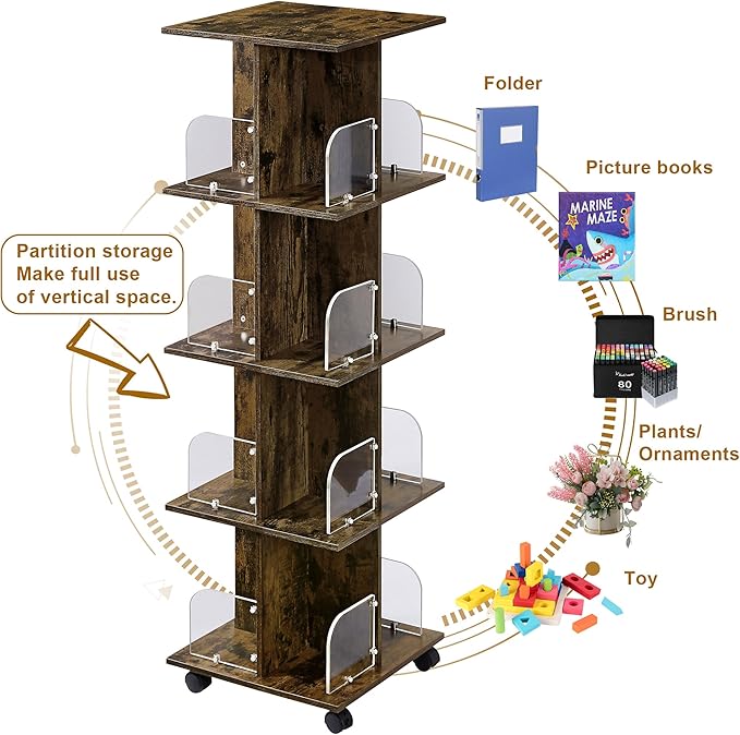 VECELO 4-Tier Rolling Bookshelf, Mobile Book Rack with Acrylic Windows, Storage Organizer Holder with Wheels for Bedroom, Living Room Home and Office, Space Saving, Brown - LeafyLoom