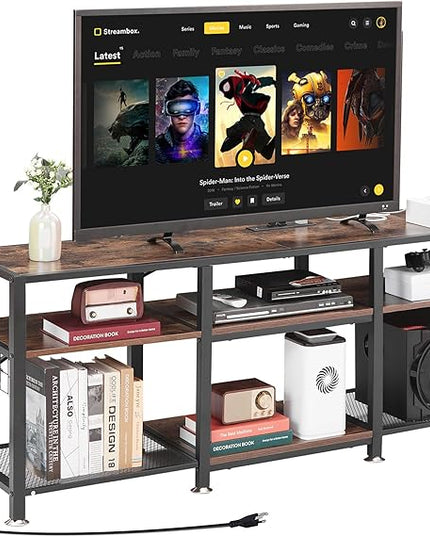 VECELO TV Stand with Power Outlets for Televisions Up to 75 Inch, Industrial Entertainment Center with 3-Tier Open Storage Shelves & 6 Hooks for Living, Bedroom and Gaming Room, 70 Inch, Brown - LeafyLoom