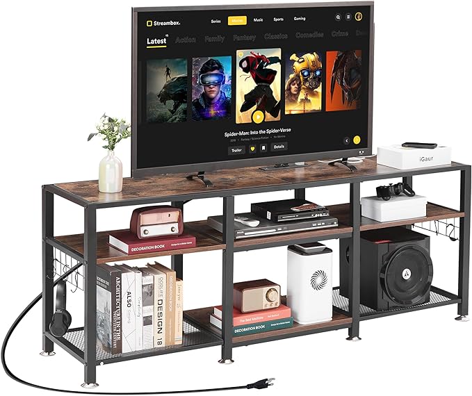 VECELO TV Stand with Power Outlets for Televisions Up to 75 Inch, Industrial Entertainment Center with 3-Tier Open Storage Shelves & 6 Hooks for Living, Bedroom and Gaming Room, 70 Inch, Brown - LeafyLoom